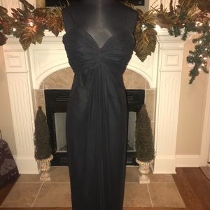 Formal black dress with front bust ruching.